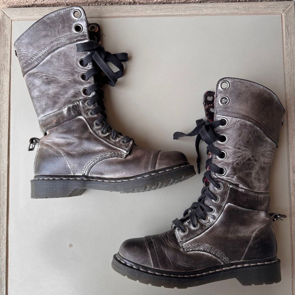 Dr Martens Triumph Boots Womens 9 Gray Black Pink Floral Foldover Tall Combat - Picture 8 of 16